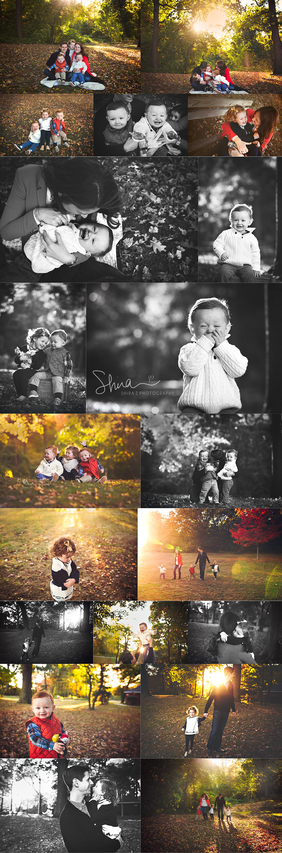 collage of Long Island family photos with three children outdoors in the Fall