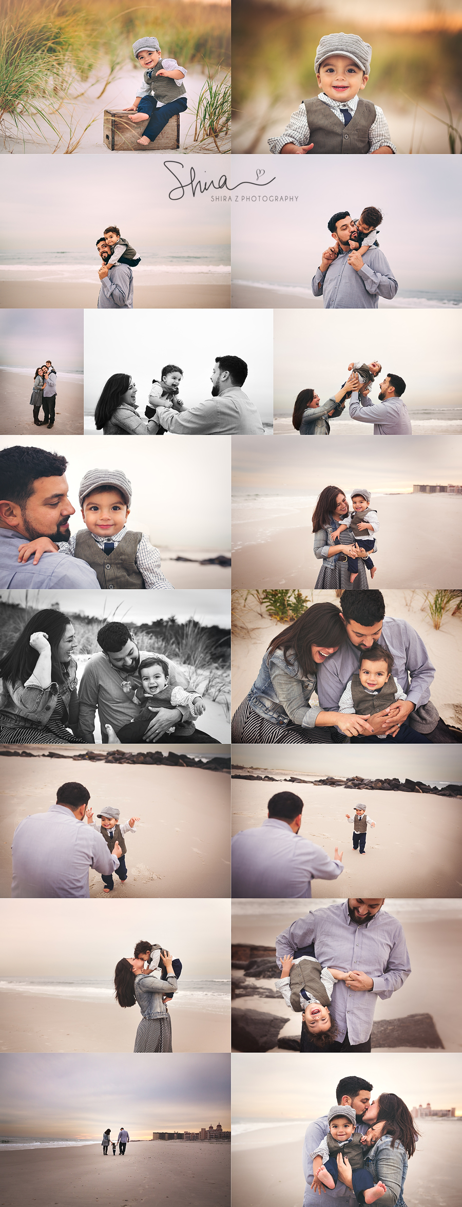 Collage of a family beach session in Long Beach, NY with a handsome little boy and his parents